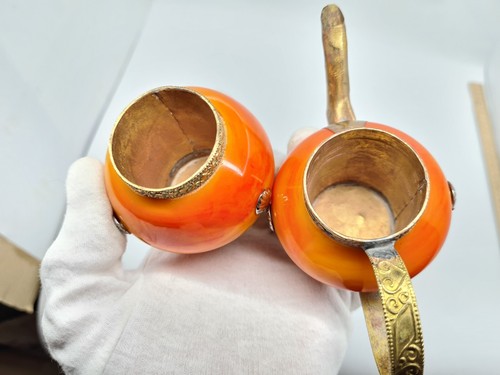 Rare Antique Small Kettle Teapot Jug with Lid Brass Orange Plastic Beautiful - Picture 5 of 11