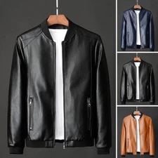 2024 Fashion Men's Leather Jacket Slim Fit Stand Collar PU Coat Male Windproof M