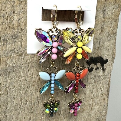 Betsey Johnson Sparkling Rhinestone Butterfly Pierced Earrings Dangle NWT 