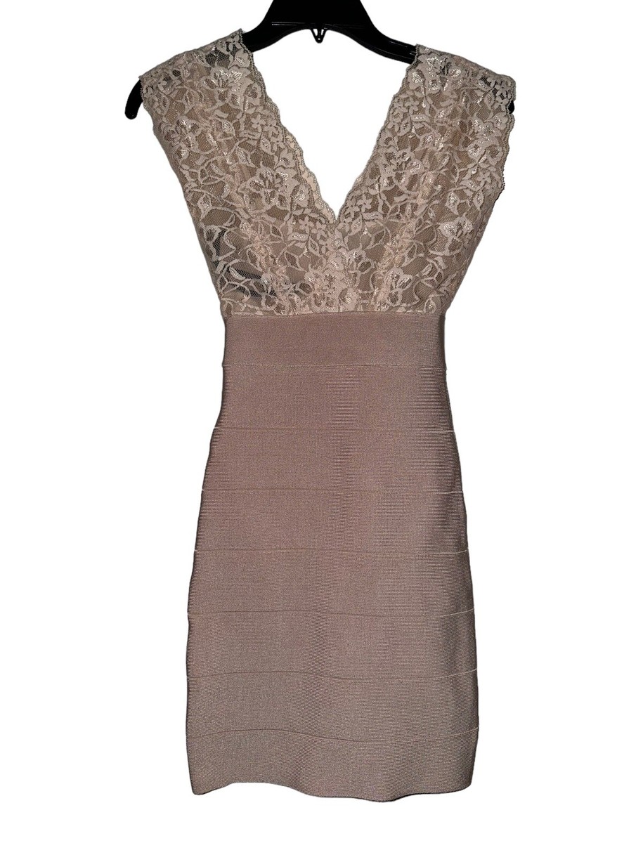 Bebe Women's XS Pink Sheer Lace Bandage Zip Dress Lace Mesh