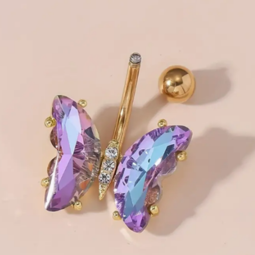 Butterfly Belly Button Ring Purple Aurora Borealis AB Rhinestone Bling STUNNING! - Picture 3 of 8
