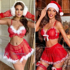 XMAS Women Sexy Lingerie Red Santa Babydoll Lace Sleepwear Costume Underwear Set