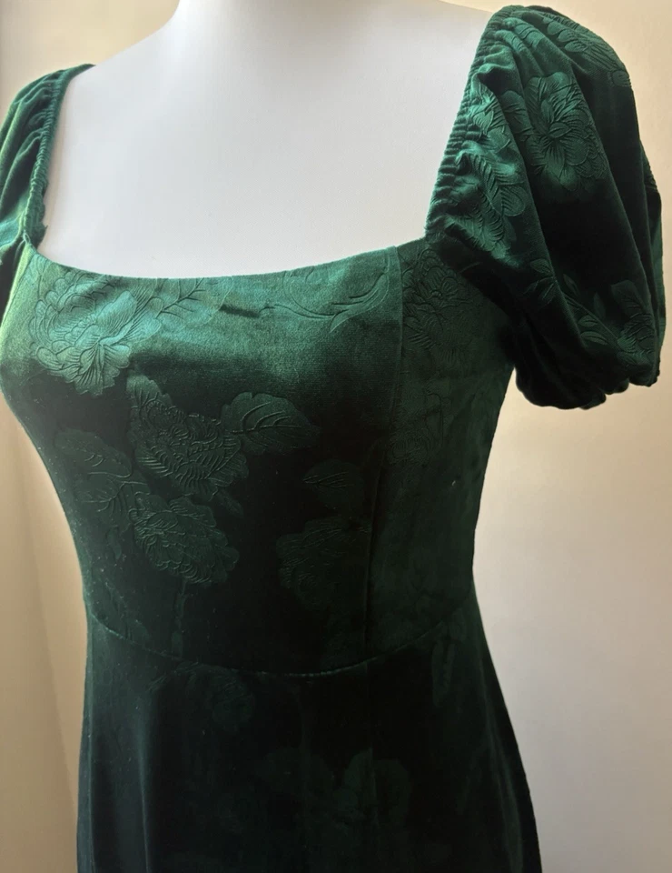 Women's Y2K Green Velvet Burnout Midi Dress Puff Sleeves Smocking Small HOCO - Image 4 of 4