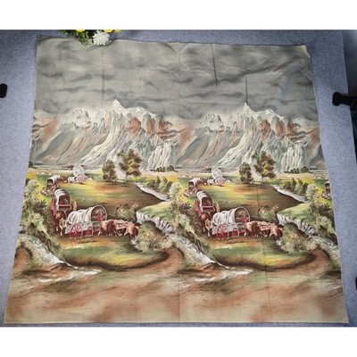 Vintage 50s John Wolf Western Pioneer Wagon Mountain Scenic Print Fabric 38x35