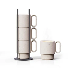 Stackable Coffee Mug Set with Black Stand - 4x8oz Ceramic Mugs with Unique Sp...