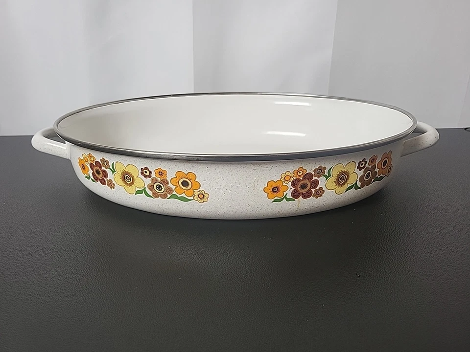 Harvest Blossom Porcelain Enamel Cookware Oval Pot/Pan w/Handles Vintage - Image 2 of 4