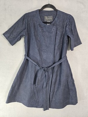 Lan Jaenicke Linen Wexley Jacket Trench Navy Blue Belt Snap Button Up Old Money 