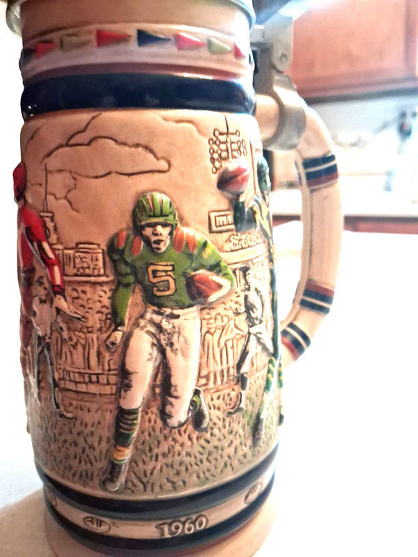 VINTAGE FOOTBALL BEER STEIN With Embossed Lid, 1985 Ceramic Mug Certemarte/Avon
