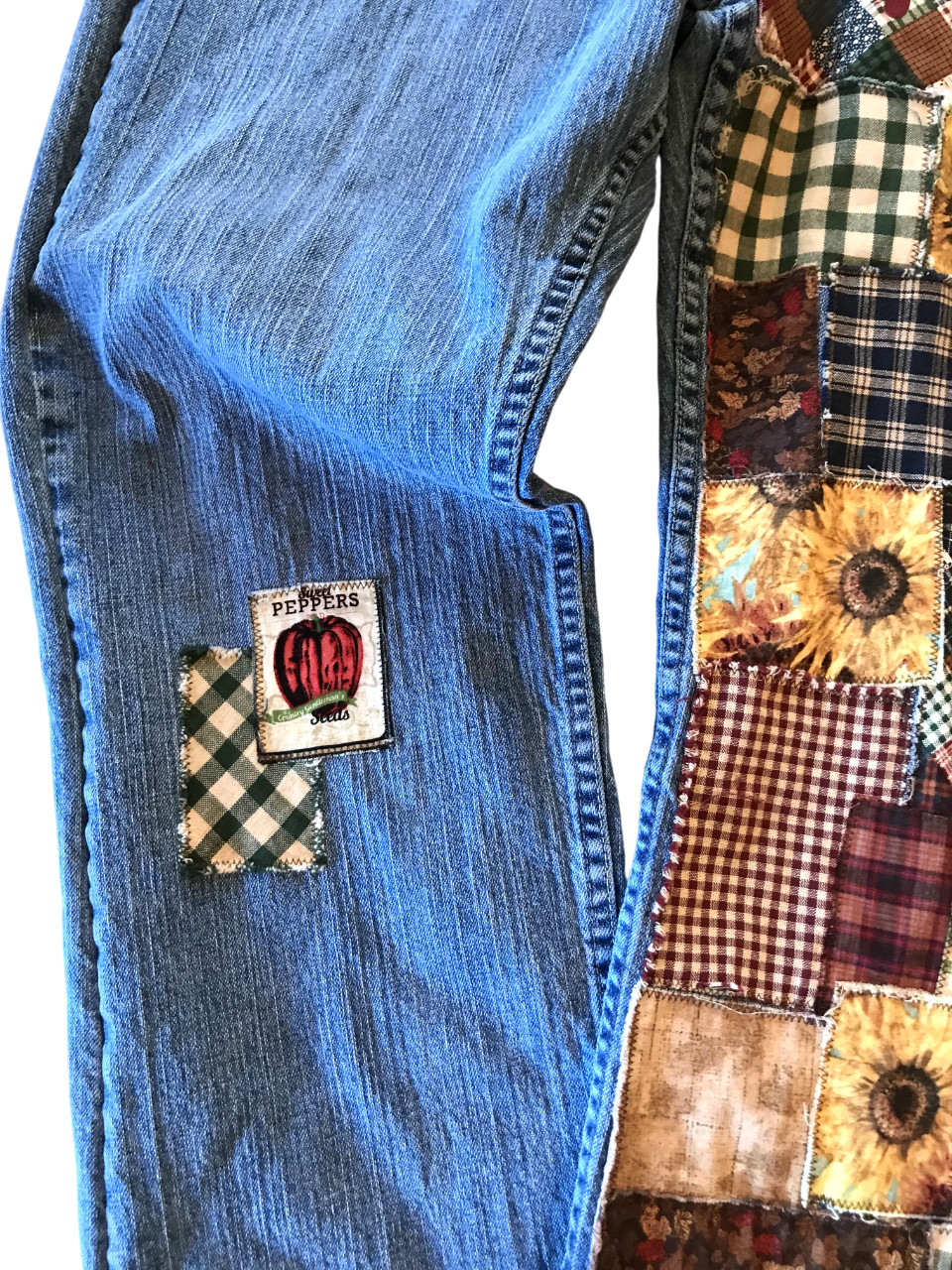 Upcycled Patchwork Jeans, Handmade Sunflower Gard… - image 4
