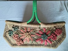 Stunning Wicker shopping carry Basket Handmade Flower Design Handle VTG cottage