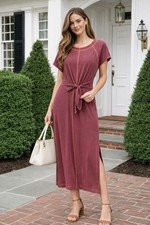 Free People NWT Ribbed Tie Waist Midi Dress Mauve Pink Wild Ginger MSRP$128