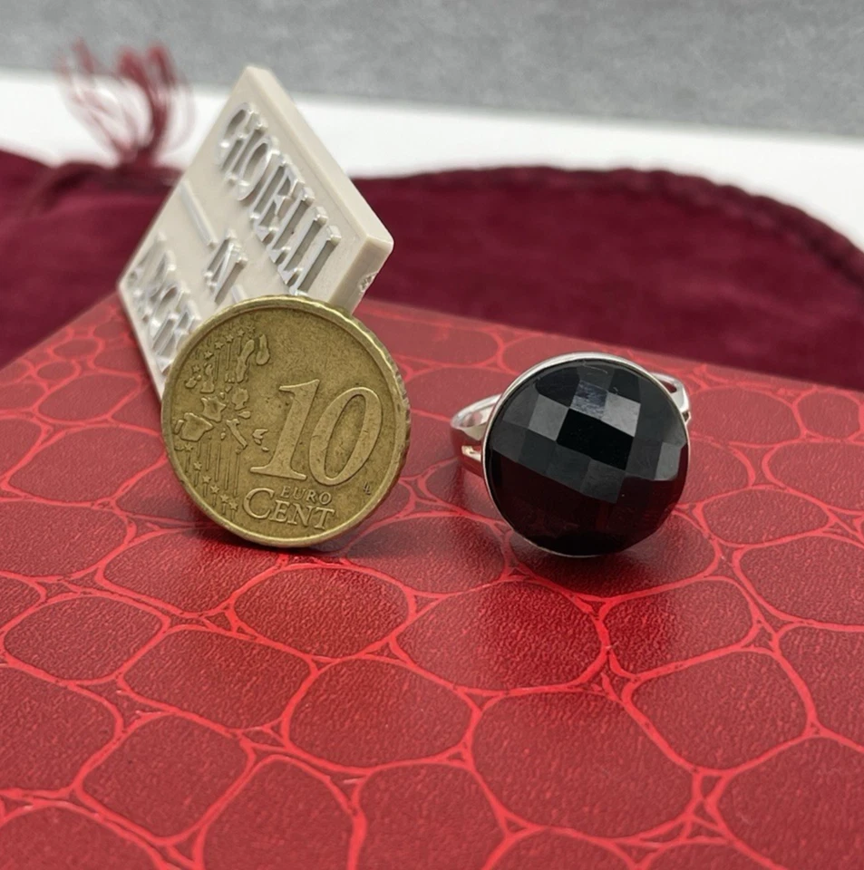 Anello Donna Vintage Argento 925 pietra rotonda Onice nero Tondo Briolè elegante - Immagine 2 di 4