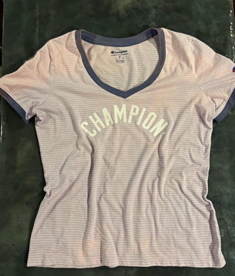 Champion Authentic Athleticwear Women's M V-Neck Striped Logo Tee Stretch
