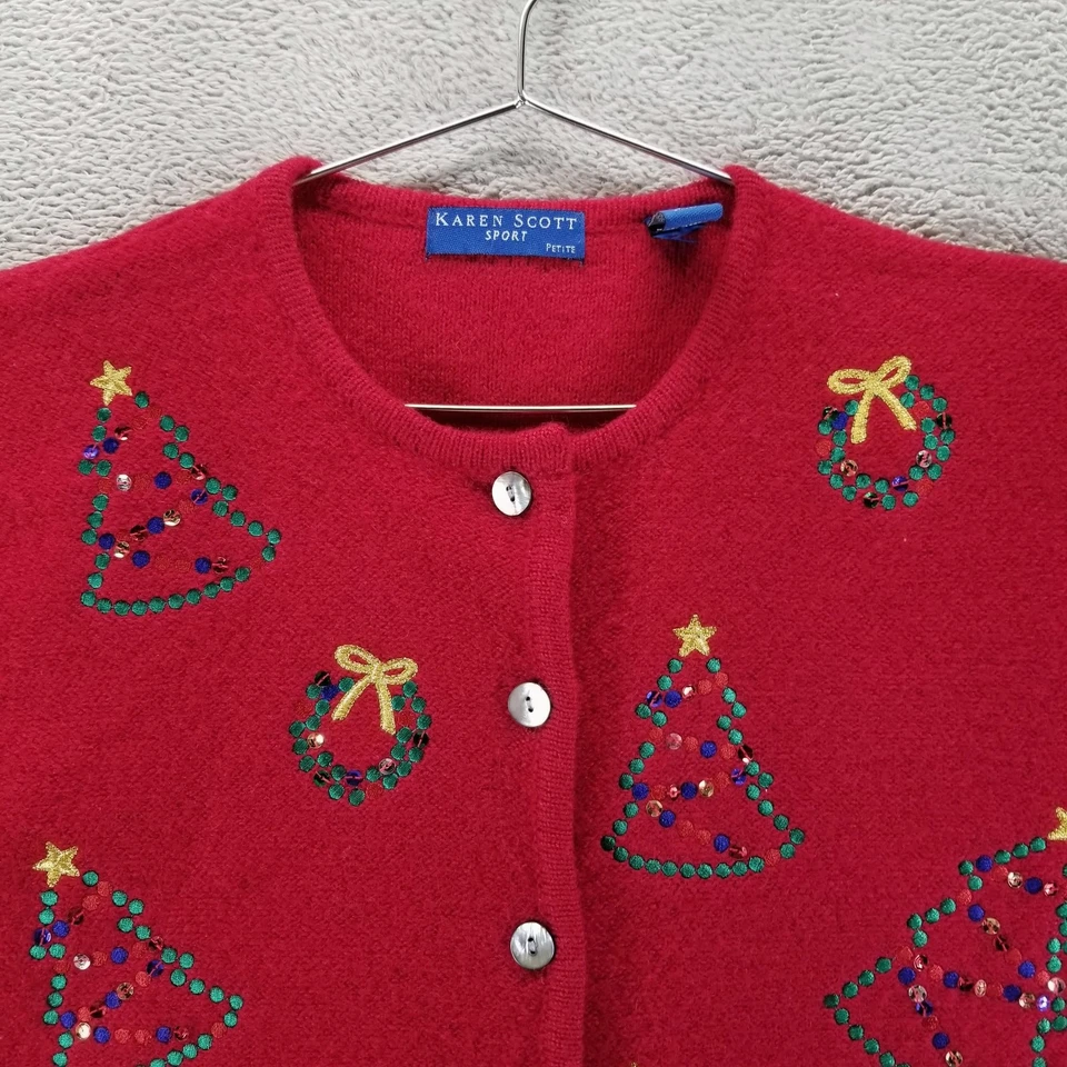 Suéter Vintage Karen Scott Mujer Pequeño XL Rojo Lana Navidad Cárdigan Años 90 Foto 3 de 4