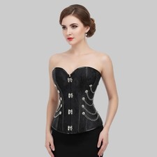 Charmian Black Overbust Gothic Chain Jacquard Boned Corset Lace-Up Size M