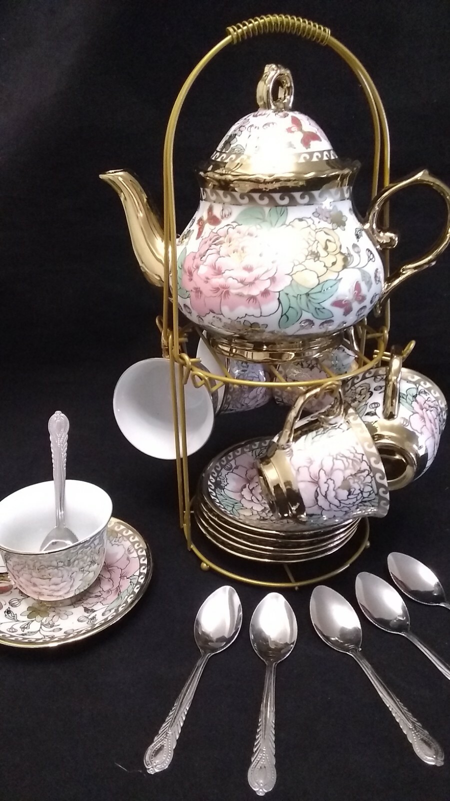 20 Pc Tea Set Pot 6 Cups 6 Saucer Rack Multi Coffee 3 oz Aromatico Free Spoons