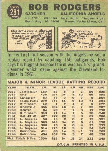 1967 Topps #281 Bob Rodgers California Angels - Picture 2 of 2