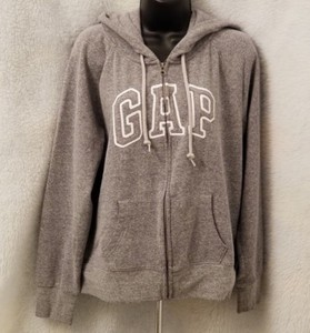 Gap-Womens-Gray-White-Logo-Zipper-Front-Hoodie-Sweat-Jacket-Coat-Size-M