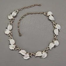 Emmons Linked Necklace Vtg White Washed Leaf Gold Tone Choker Textured Chain 17"