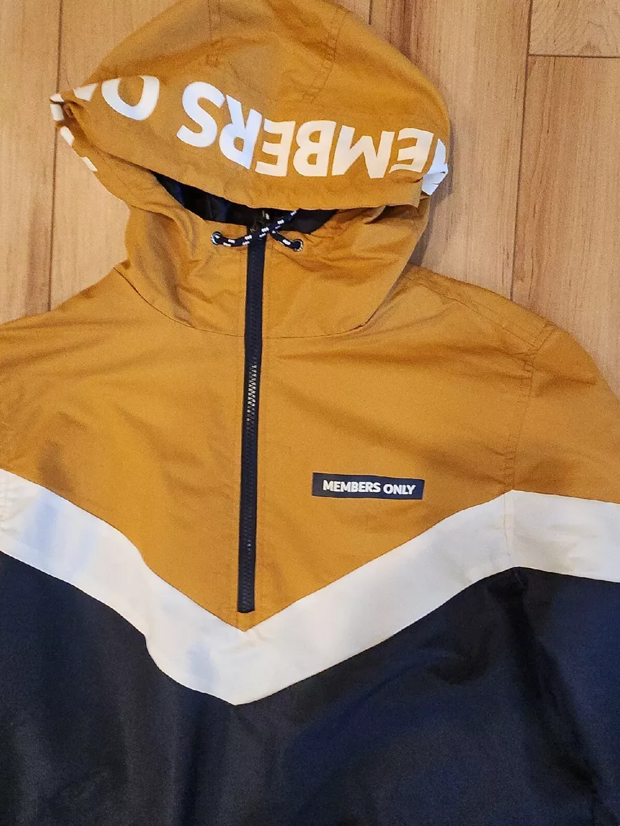 Members Only Sport White Blue Brown Windbreaker Hooded Rain Jacket