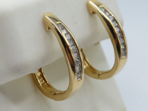 14K YELLOW GOLD ELOGATED HINGED HOOP EARRINGS w 10 RBC & 8 BAGUETTE DIAMONDS* - Picture 2 of 16