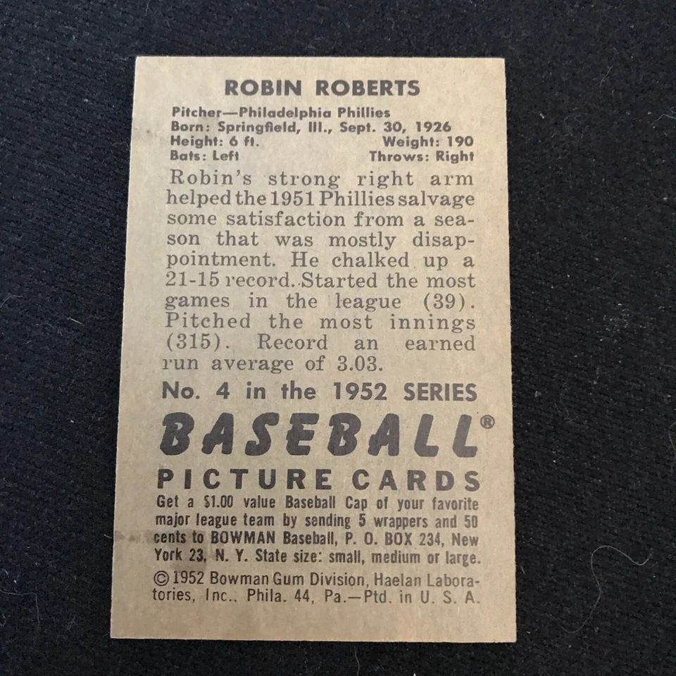 1952 Bowman Robin Roberts No. 4 VG to EX - Image 2 of 2