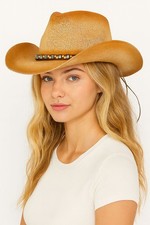 C.C Women's Turquoise Metal Charm and Wooden Beads Wrap Trim Cowboy Hat