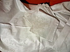 Antica tovaglia in fiandra di lino e seta,240x165cm, 12 tovaglioli, splendida