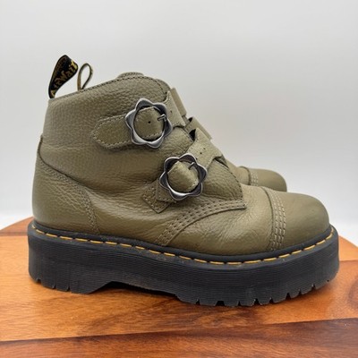 Doc Dr Martens Devon Flower Boots Womens 10 Khaki Green Buckle Platform
