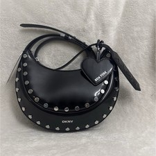 DKNY Black Studded Crescent Shoulder Bag Heart Charm Silver Hardware