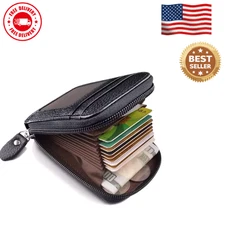Men Genuine Leather Wallet Credit Card Holder RFID Blocking Zipper Pocket Thin