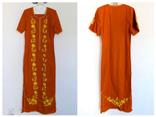 Vintage 60s 70s Embroidered Caftan Mexican Tourist Zip Front Maxi Dress Sz XS