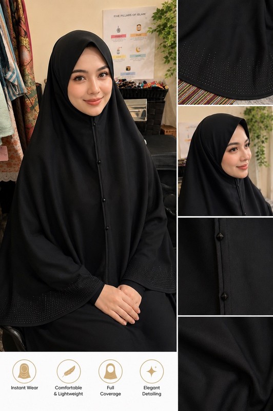 Women Black Full Coverage Instant Wear Khimar Hijab Chiffon One Size, Buttons