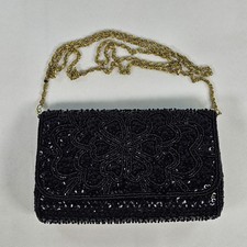 La Regale Black Beaded Sequin Floral Clutch Evening Bag Gold Chain Strap