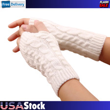 Women Winter Long Half Finger Fingerless Gloves Arm Hand Warmer Knitted Mittens