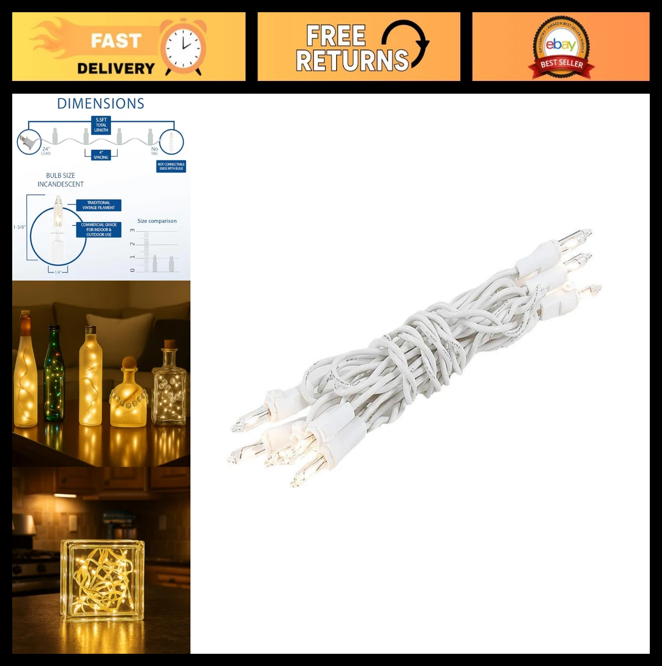 5ft 10-Bulb Clear Mini Light String on White Wire - Non-Connectable Fairy Lights