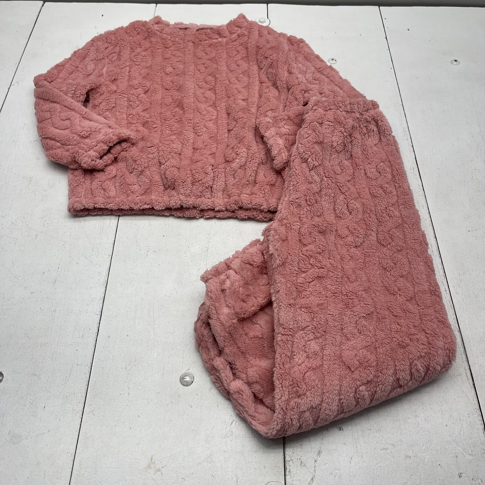 Z.Y Pajama Set Womens Medium Pink Fleece Plush Cable Knit Lounge Sleepwear Cozy