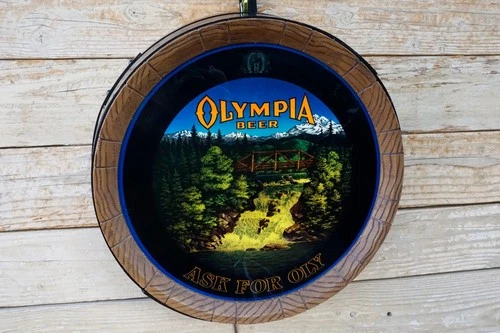 Vintage Olympia Waterfall Motion Beer Keg Sign 1980 "Ask For Oly" WORKS, GC