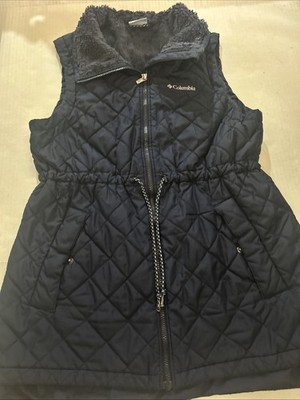 Women's Columbia Copper Crest Mid Vest Blue Puffer Quilted Faux Fur Lining Sz L