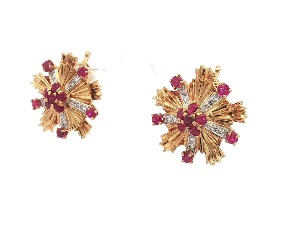 Pendientes Tiffany & Co. Vintage Oro 18k Diamante Rojo Vivo Rubí Ráfaga Años 60 Foto 4 de 4