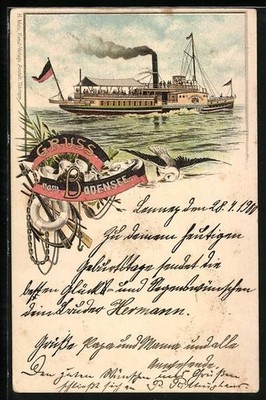 Lithographie Dampfer auf dem Bodensee 1900 