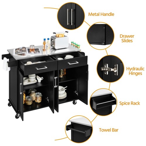 Mobile Kitchen Island with Stainless Steel Top and Double Drawers and Cabinets - Picture 29 of 36