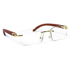 Men's Wood Frame Rectangle Rimless Clear Tint Glasses