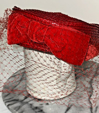 1940-60s Betmar Red Straw Pillbox Hat with Red Velvet Bow and Red Pin