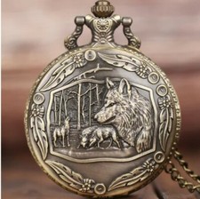 Steampunk WOLF Vintage STYLE BRONZE Pocket Watch AND Necklace Chain