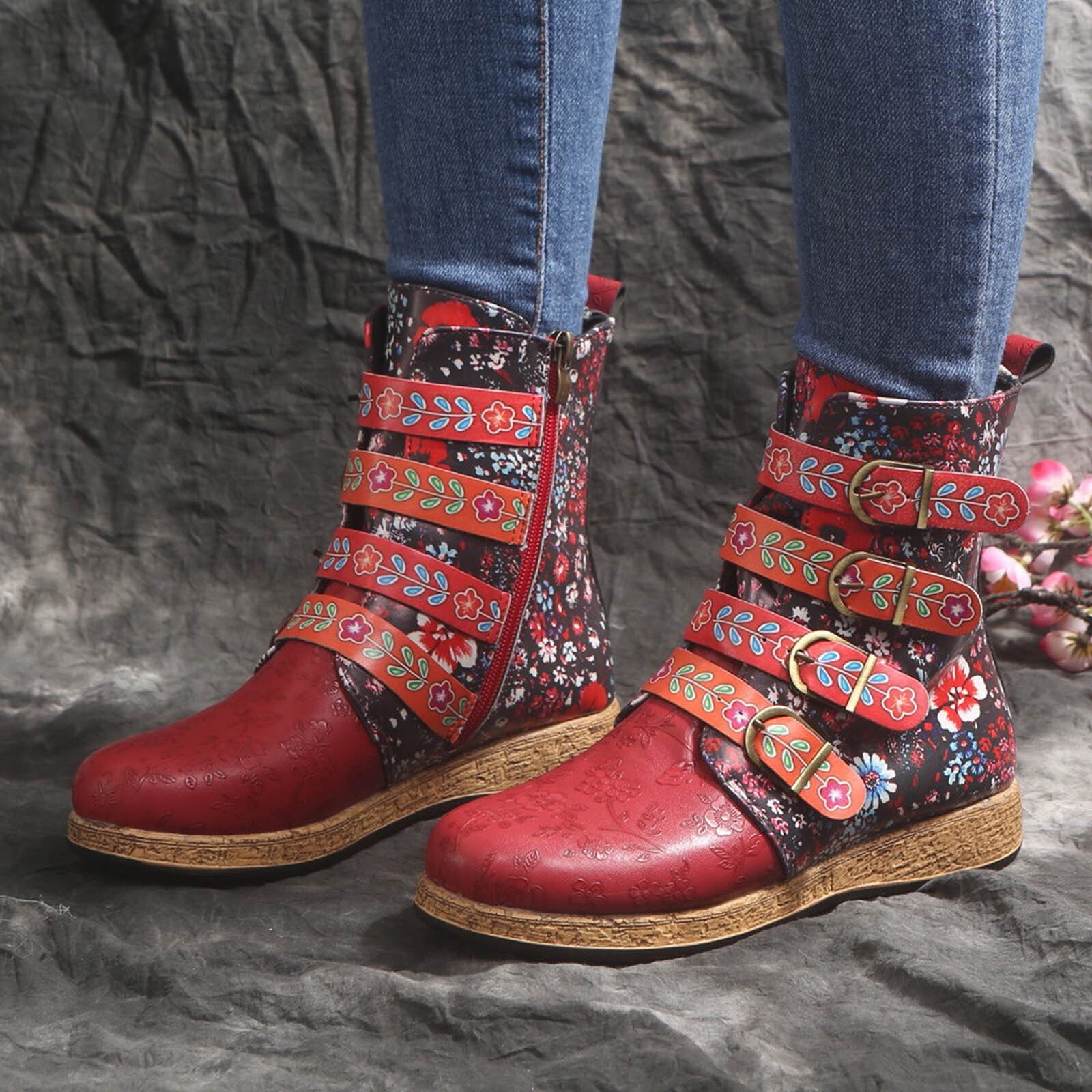 Mid Calf Round Shoes Booties Print 
