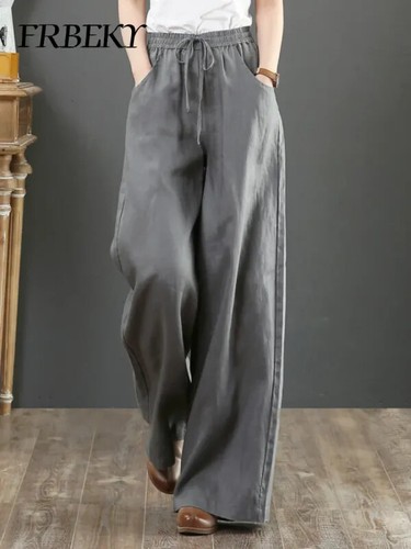 2025 Spring New Linen Loose Casual Wide Leg Trousers Elastic-waisted - Picture 22 of 30