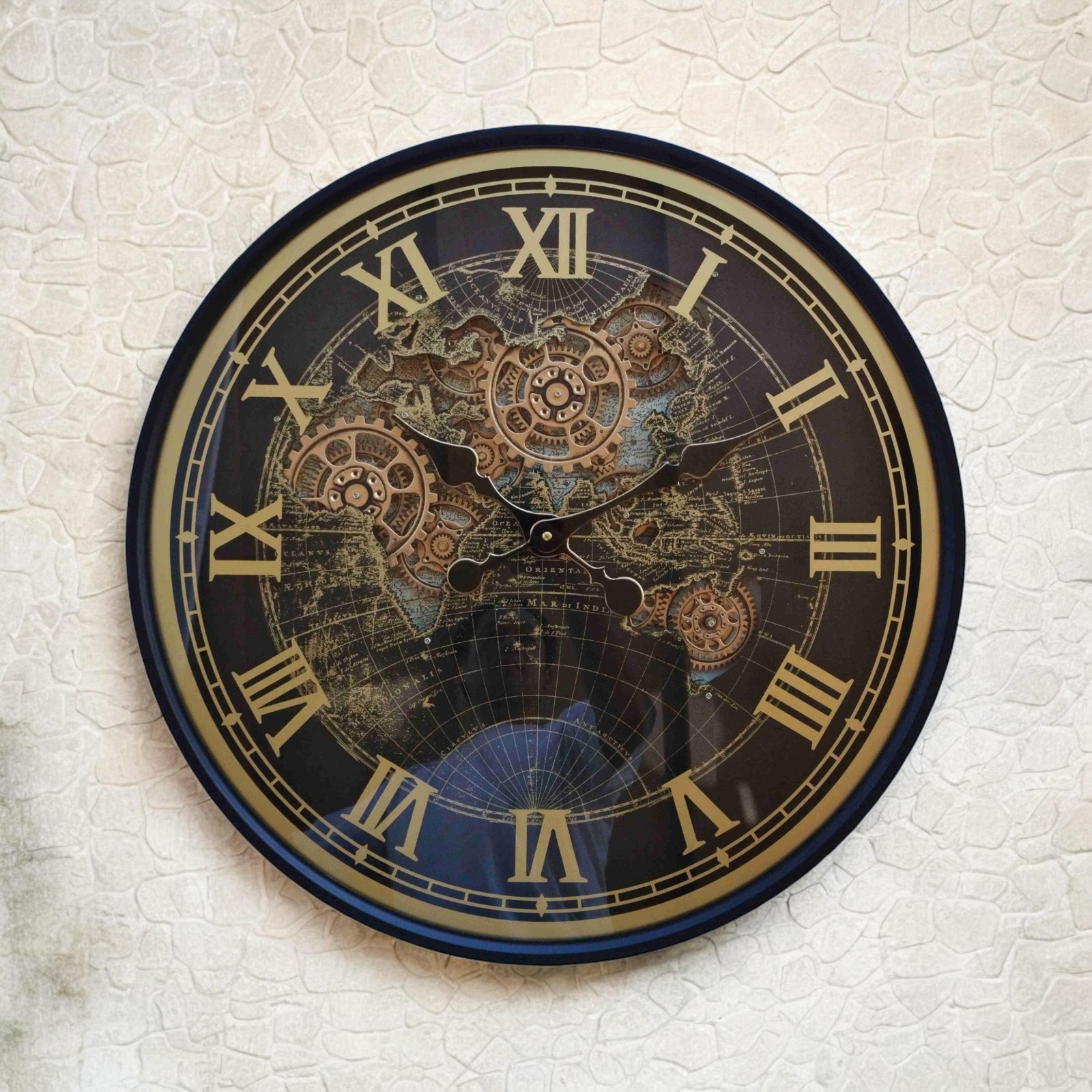 Gear Wall Clock 60cm Large Moving Roman Numerals Metal World Industrial Design
