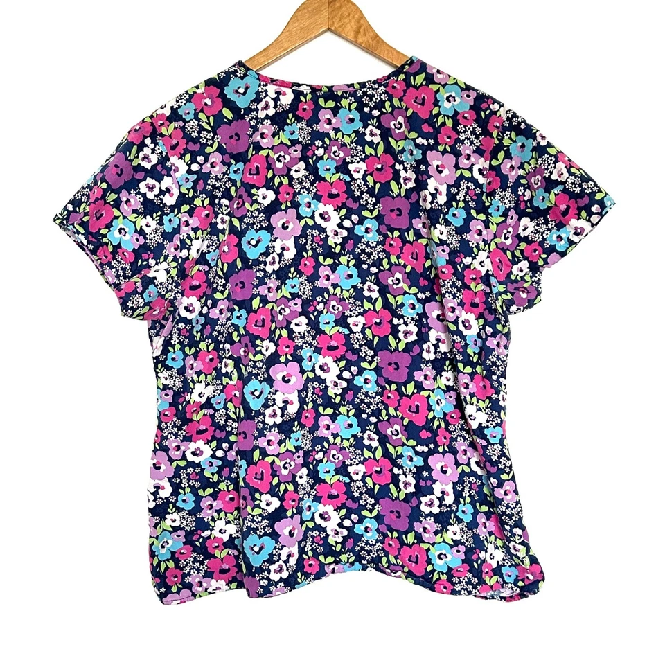 ZOE + CHLOE Scrub Top Women's XL Floral Cotton V Neck Short Sleeve Shirt - Image 4 of 4