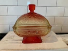 Vintage Jeanette Glass "Acorn and Oak Leaf" Pattern Candy Dish -Amberina Glass